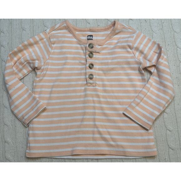 Tea Collection Long Sleeve Henley Top sz 12-18 months Peach stripe - Picture 1 of 5